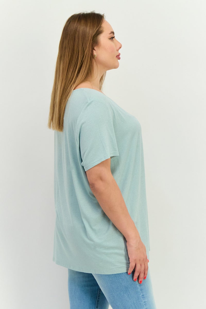 Fire & Glory Women Round Neck Short Sleeves Tripped T-Shirt, Sage Green - Image 2